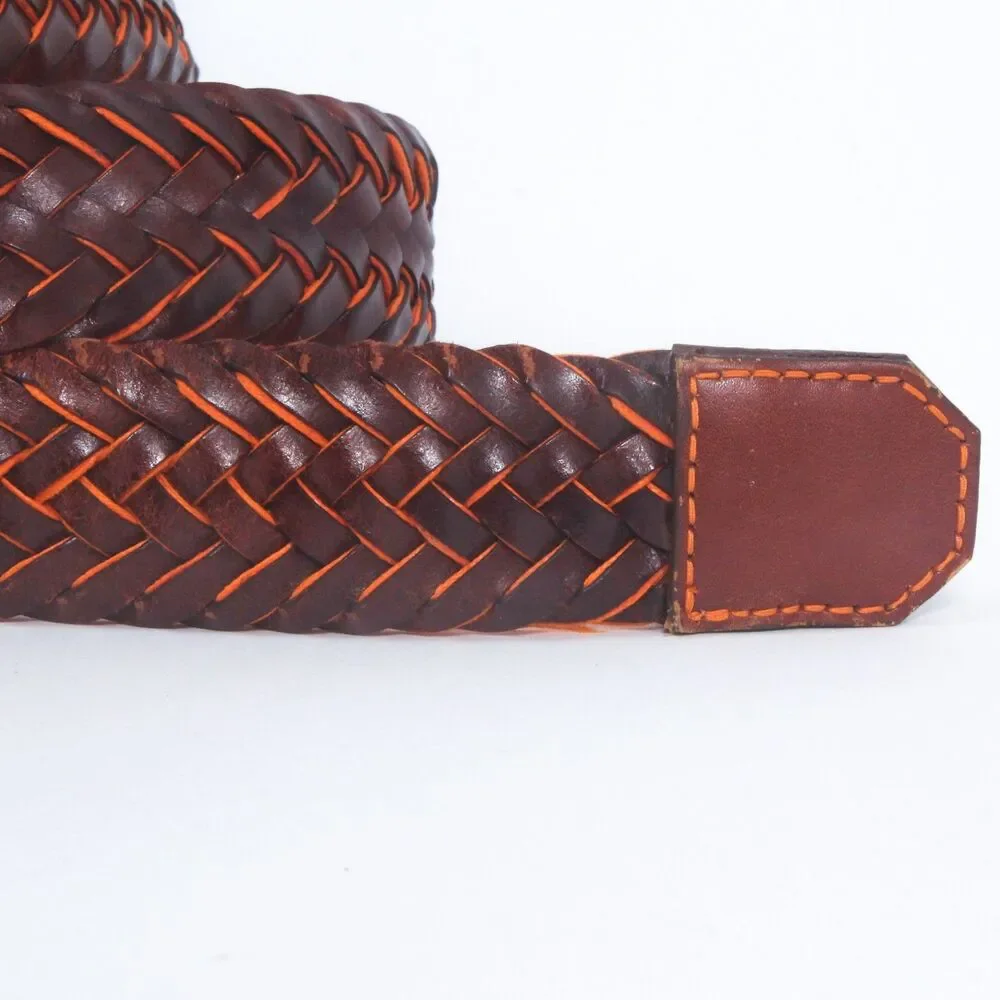 Barneys New York Mens Size 36 Woven Braided Leather Belt Brown Solid Brass Italy